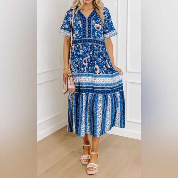 Sunday Blue and Pink Patterned Maxi Dress Size Large - Picture 4 of 15